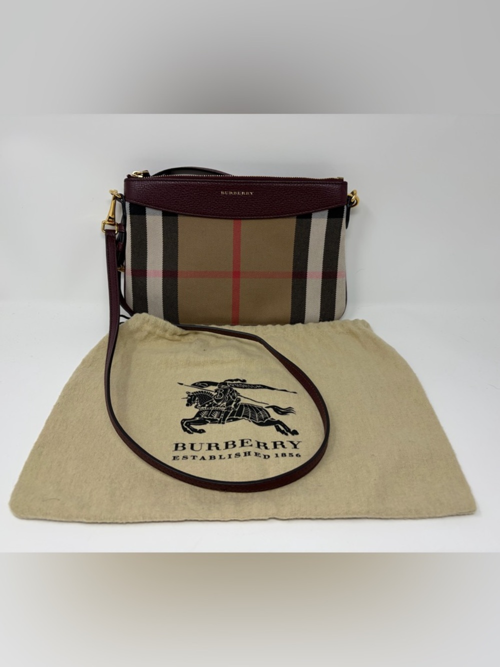 Burberry Tan Nova Check Crossbody with Maroon Leather Trim - Picture 6 of 7